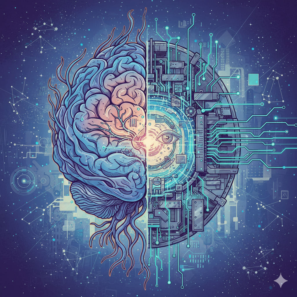 Połączenie sił ludzkiego mózgu i narzędzi AI - obrazek wygenerowany przez AI