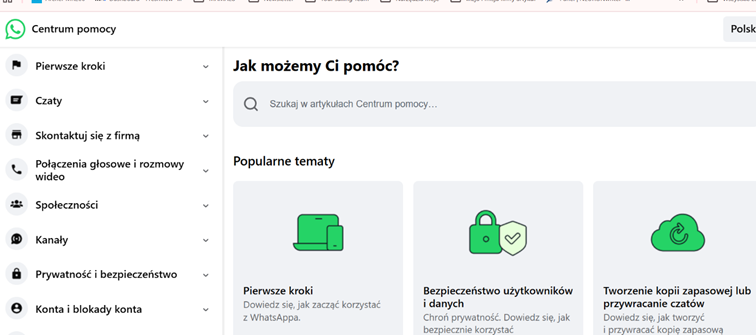 Przykładowa sekcja FAQ w aplikacji Whats App